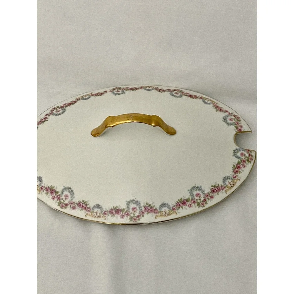 A Lanternier Limoges France Floral Pink Rose Bordered Lid ONLY Gold Handle